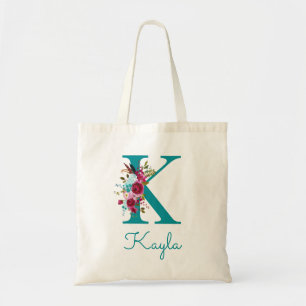 Floral Letter K Script Monogram Aquamarin rosa Tragetasche