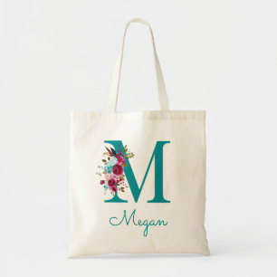 Floral Letter M Script Monogram Aquamarin Pink Tragetasche