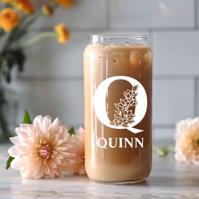 Floral Letter Q Monogramm Personalisiert Name Weiß Dosenglas (Von Creator hochgeladen)