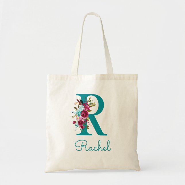 Floral Letter R Script Monogram Aquamarin rosa Tragetasche (Vorne)