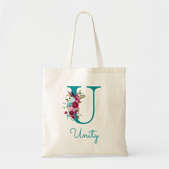 Floral Letter U Script Monogram Aquamarin Pink Tragetasche (Vorne)