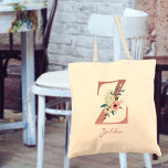 Floral Letter Z Watercolor Pink and Ivory Bouquet Tragetasche<br><div class="desc">Personalized tote bag with your monogram - name and inital. The floral letter Z is designed in rose pink glitter and decorated with a pink and ivory bouquet of watercolor flowers and greenery. The template is set up for you to add your name in dusty pink hand lettered script. A...</div>