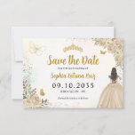 Floral Light Gold Princess Birthday Quinceanera Save The Date<br><div class="desc">Floral Light Champagne Gold Prinzessin Gown Dress Glitzer Sparkle Tiara Crown Butterfly 15. Geburtstag Quinceanera Save the Date</div>