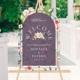 Floral Lila Bogen Muslimische Hochzeitsbegrüßung Acrylschild