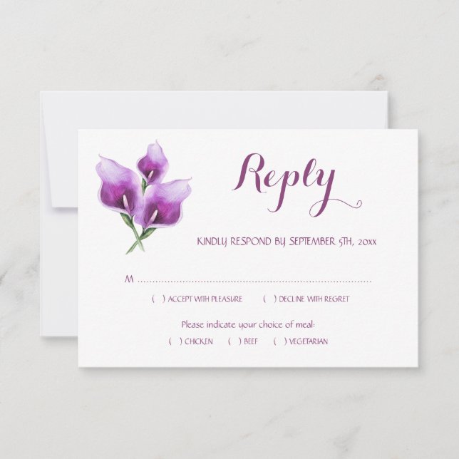 Floral Lila Calla Lily Monogram Wedding Meel RSVP Karte (Vorderseite)