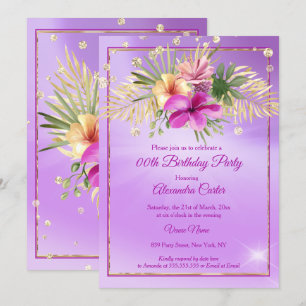 Floral Lila Gold Hibiskus Geburtstagsfeier Einladung