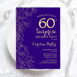 Floral Lila Gold Überraschung 60. Geburtstagsparty Einladung<br><div class="desc">Bloral Lila Gold Überraschung 60. Geburtstagsparty Einladung. Minimalistisches modernes Design mit botanischen Akzenten und Typografie-Script-Schriftart. Einfache florale Einladungskarte perfekt für eine stilvolle weibliche Überraschung am Tag. Kann für jedes Alter angepasst werden.</div>