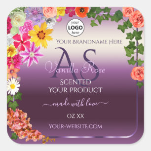 Floral Lila Ombre Produktmarken Initiallogos Quadratischer Aufkleber