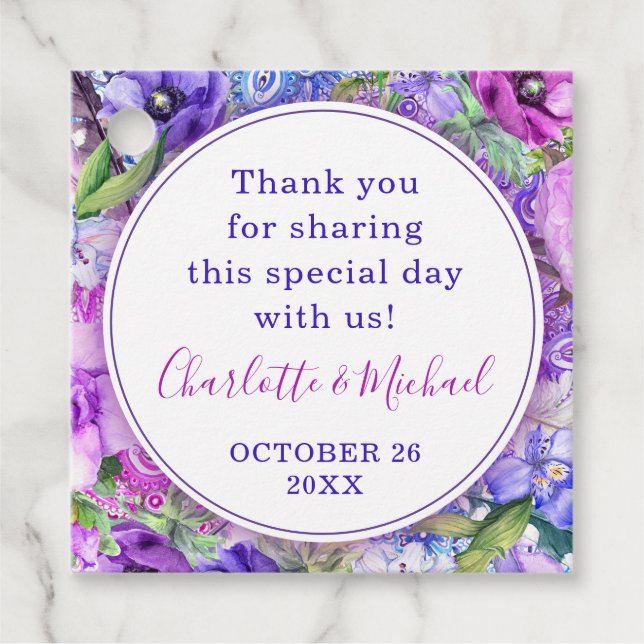Floral Lila Paisley Vielen Dank für Ihre Hochzeit Geschenkanhänger (Vorderseite)