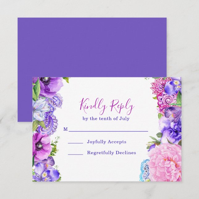 Floral Lila Paisley Watercolor Wedding RSVP Card Karte (Vorne/Hinten)