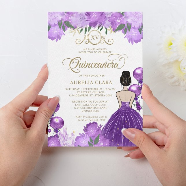 Floral Lila Princess XV Quinceañera Geburtstag Einladung (Von Creator hochgeladen)