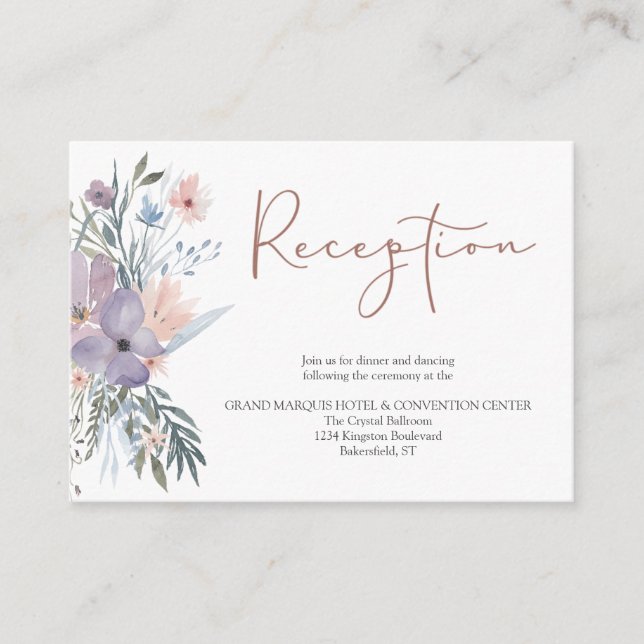 Floral Lila Rose Gold Hochzeitsempfang Begleitkarte (Vorderseite)