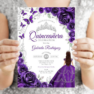 Floral Lila Silber Quinceanera Einladung