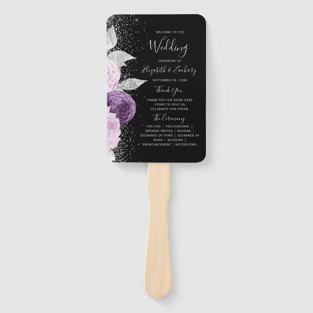 Floral Lila Silver Black Wedding Program Fächer (Vorderseite)