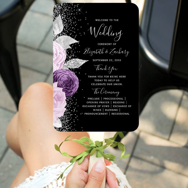 Floral Lila Silver Black Wedding Program Fächer (Von Creator hochgeladen)