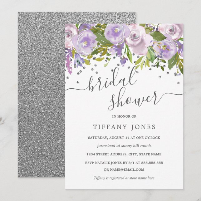 Floral Lila Silver Confetti Brautparty Einladung (Vorne/Hinten)
