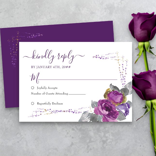 Floral Lila und Gold Confett Simple Wedding RSVP Karte (Elegant purple floral rsvp card from my Plush Purple Wedding Collection )
