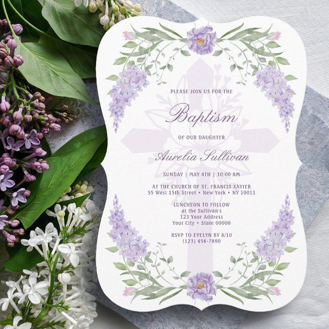 Floral Lilac Lavender Frame Heilige Kreuztaufe Einladung (Von Creator hochgeladen)