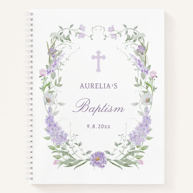 Floral Lilac Lavender Frame Taufe Gästebuch Notizbuch (Vorderseite)