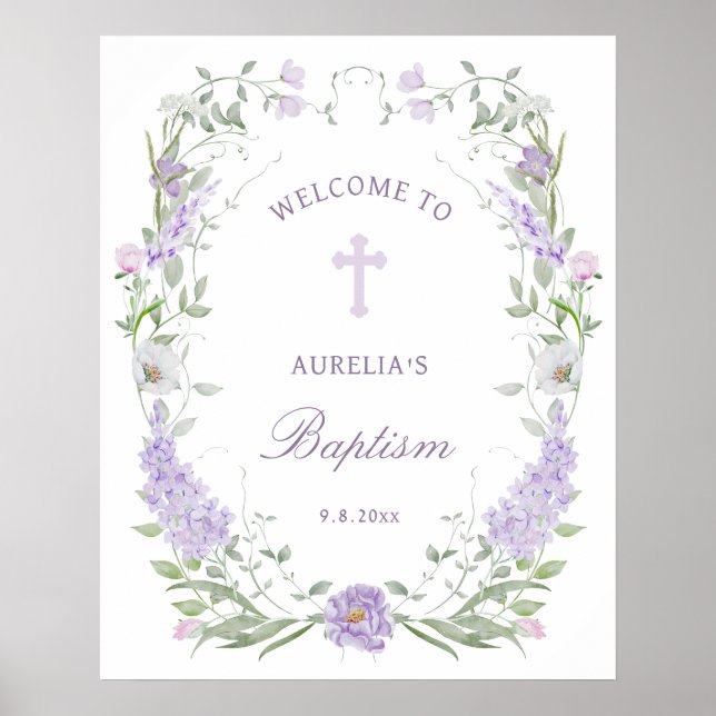 Floral Lilac Lavender Frame Taufe Willkommen Poster (Vorne)