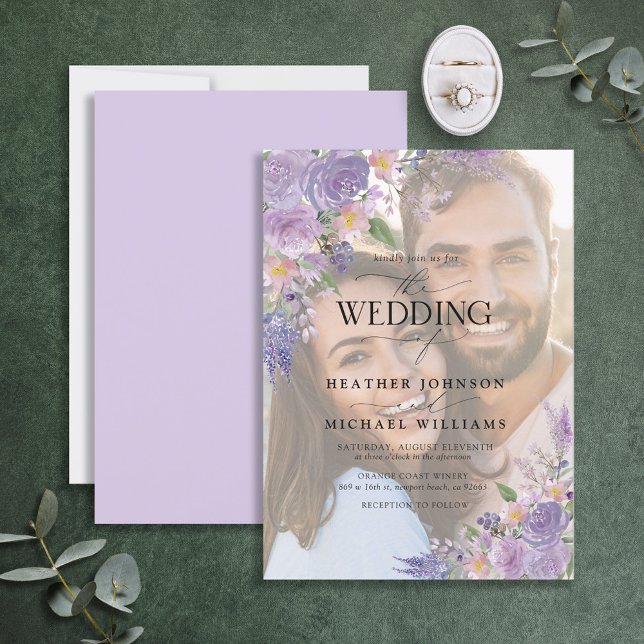 Floral Lilac Lavender Vellum Overlay Foto Hochzeit Einladung (Von Creator hochgeladen)