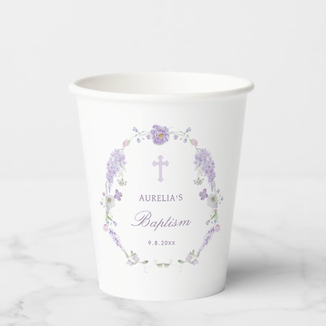 Floral Lilac Lavender Wreath Baptism Pappbecher (Vorderseite)