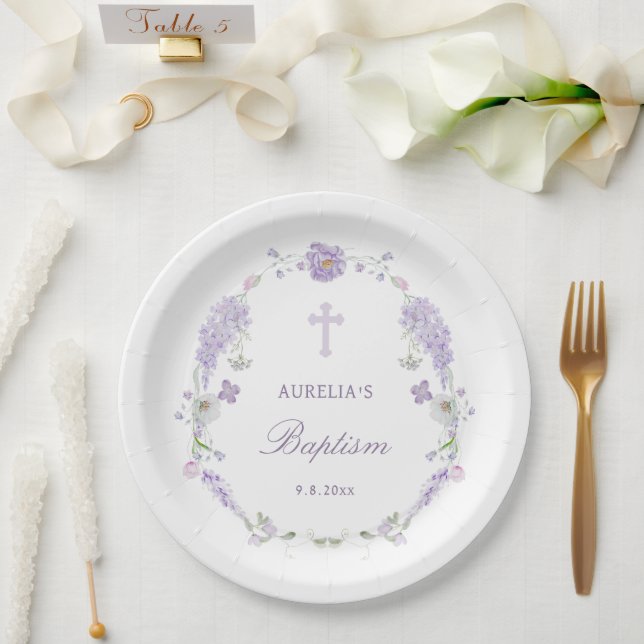 Floral Lilac Lavender Wreath Baptism Pappteller (Hochzeit)