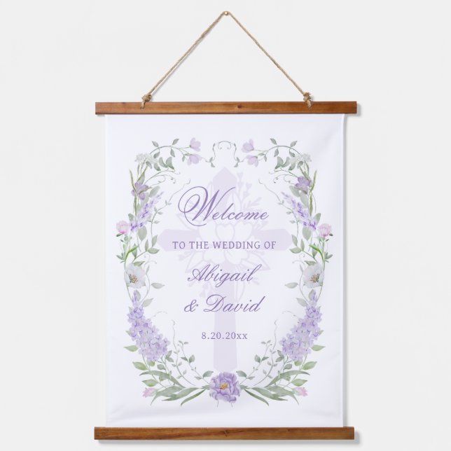 Floral Lilac Rahmen Religiöse Hochzeit Willkommen Wandteppich Mit Holzrahmen (Vorderseite)