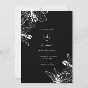 Floral Lilies Schwarz und Weiß Save the Date Einladung