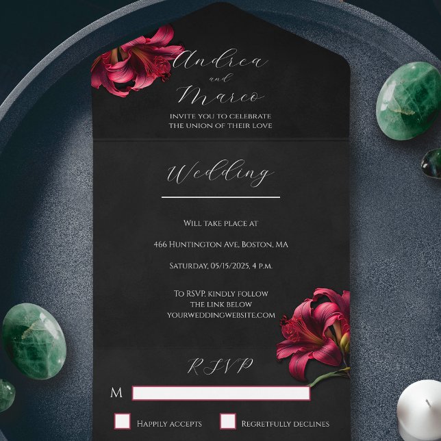 Floral Lily Dark Gothic Wedding Invitation All In One Einladung (All in One Floral Lilly Gothic Wedding Invitation)