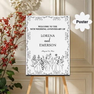 Floral Line Art 50. Hochzeitstag Willkommen Poster