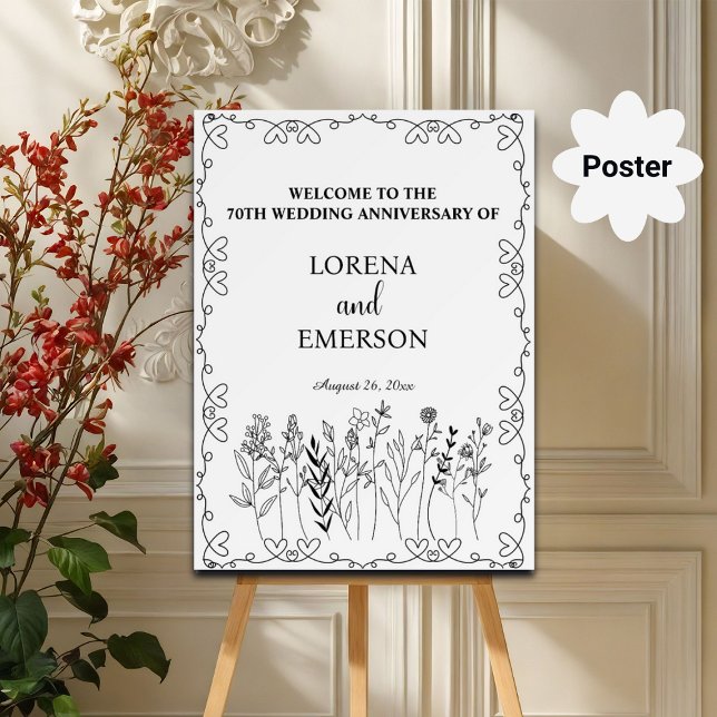 Floral Line Art 70. Hochzeitstag Willkommen Poster (Von Creator hochgeladen)