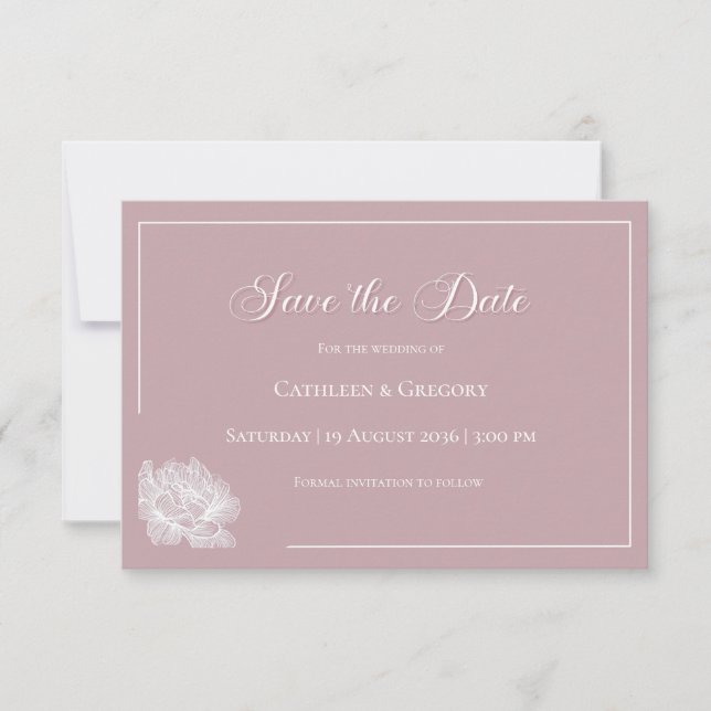 Floral Line Art Dusty Rose White Wedding Save The Date (Vorderseite)