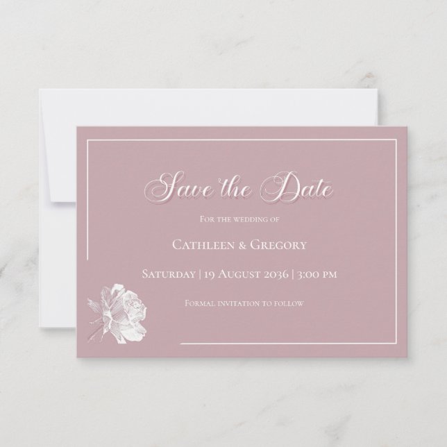 Floral Line Art Dusty Rose White Wedding Save The Date (Vorderseite)