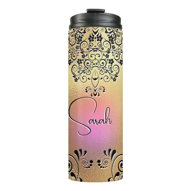 Floral Line Art Elegant Pretty Gold Pink Black Thermosbecher (Vorderseite)