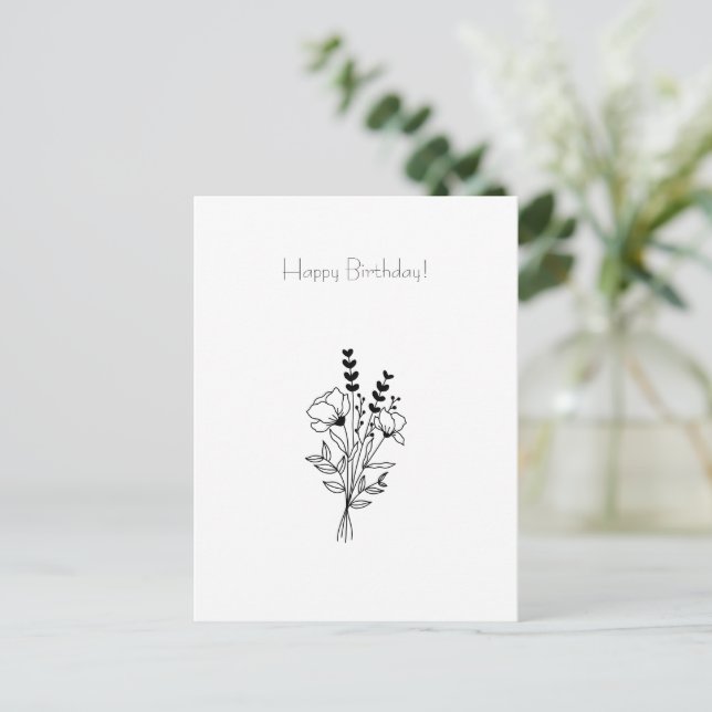 Floral Line Art Flowers Illustration Birthday Card Postkarte (Stehend Vorderseite)