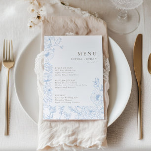 Floral Line Art French Blue Wedding Menükarte
