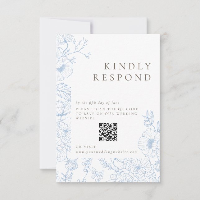 Floral Line Art French Blue Wedding RSVP Karte (Vorderseite)