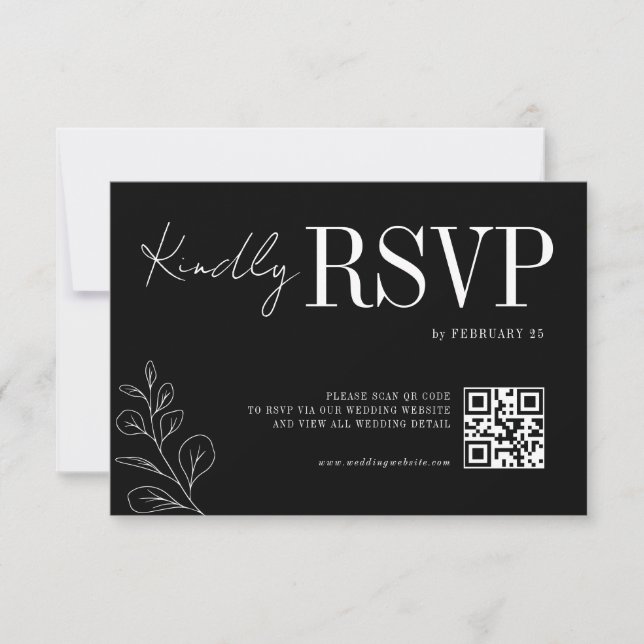 Floral Line Art Rustic Black Elegant Wedding RSVP Karte (Vorderseite)