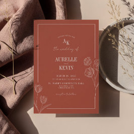 Floral Line Art Rustic Terracota Elegant Wedding  Einladung