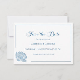 Floral Line Art White Dusty Blue Wedding  Save The Date