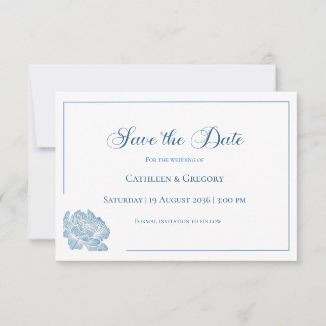Floral Line Art White Dusty Blue Wedding  Save The Date (Vorderseite)