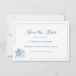 Floral Line Art White Dusty Blue Wedding  Save The Date