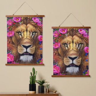 Floral Lion Head Wandteppich Mit Holzrahmen