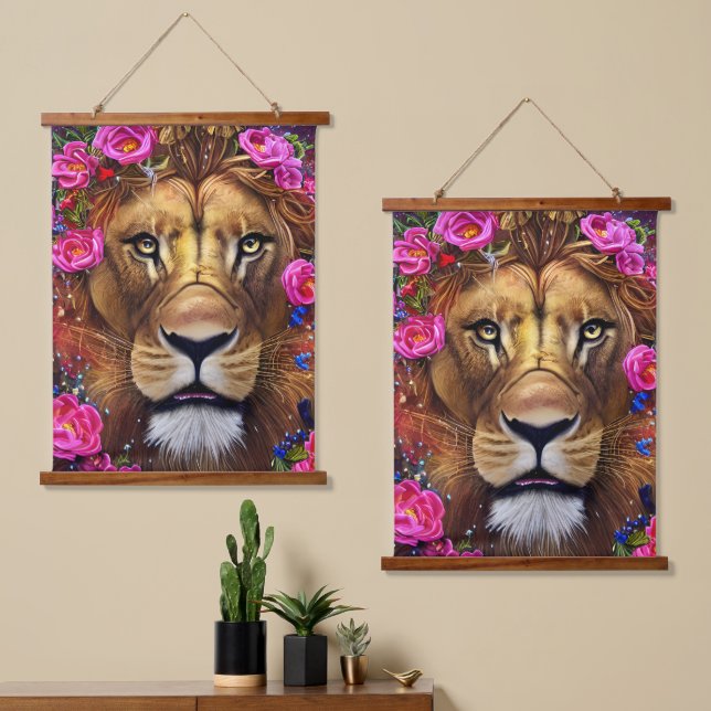 Floral Lion Head Wandteppich Mit Holzrahmen (Asymmetrisch)