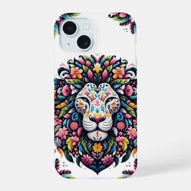 Floral Lion Silhouette iPhone 15 Hülle (Rückseite)
