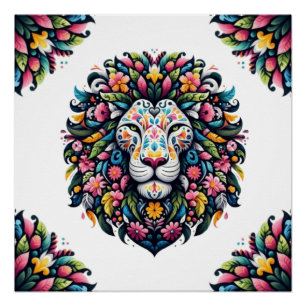 Floral Lion Silhouette Poster