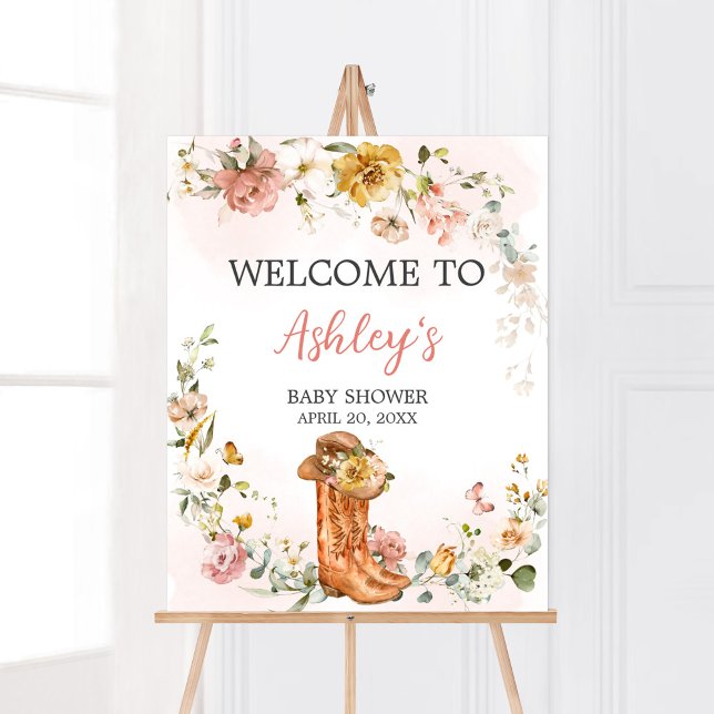 Floral Little Cowgirl Babydusche Willkommen Poster (Cowgirl Wild West Baby Shower Welcome Sign)