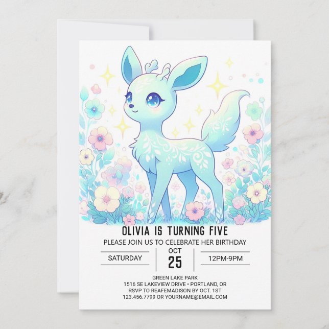 Floral Little Deer Digital Geburtstag Einladung (Vorderseite)