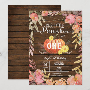 Floral Little Pumpkin Wood Fall 1. Geburtstag Einladung